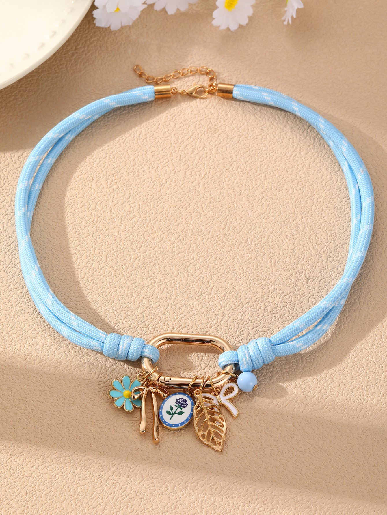 Blue Rope Charm Necklace with Gold Accents