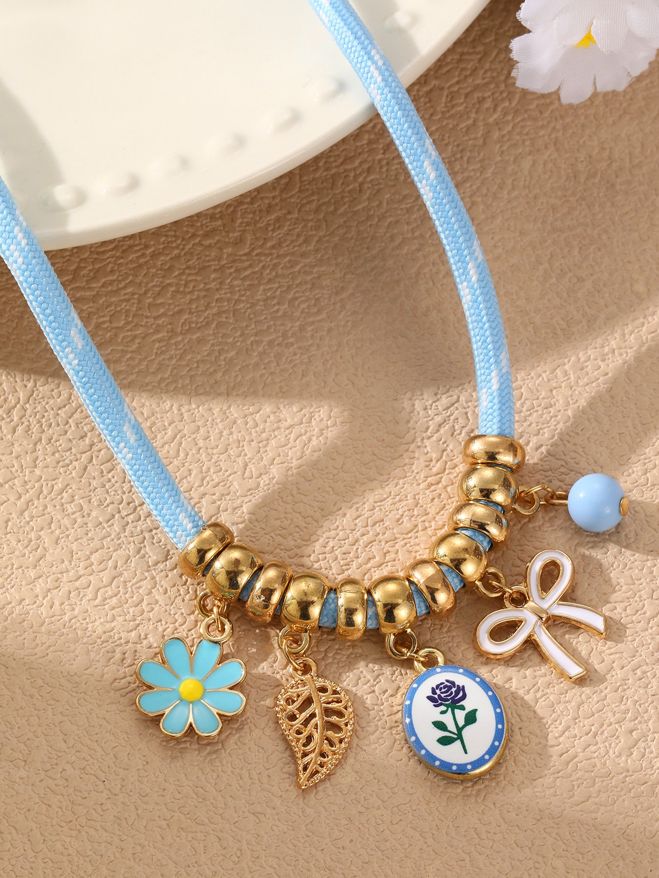 Multi-Color Block Weave Necklace with Charms