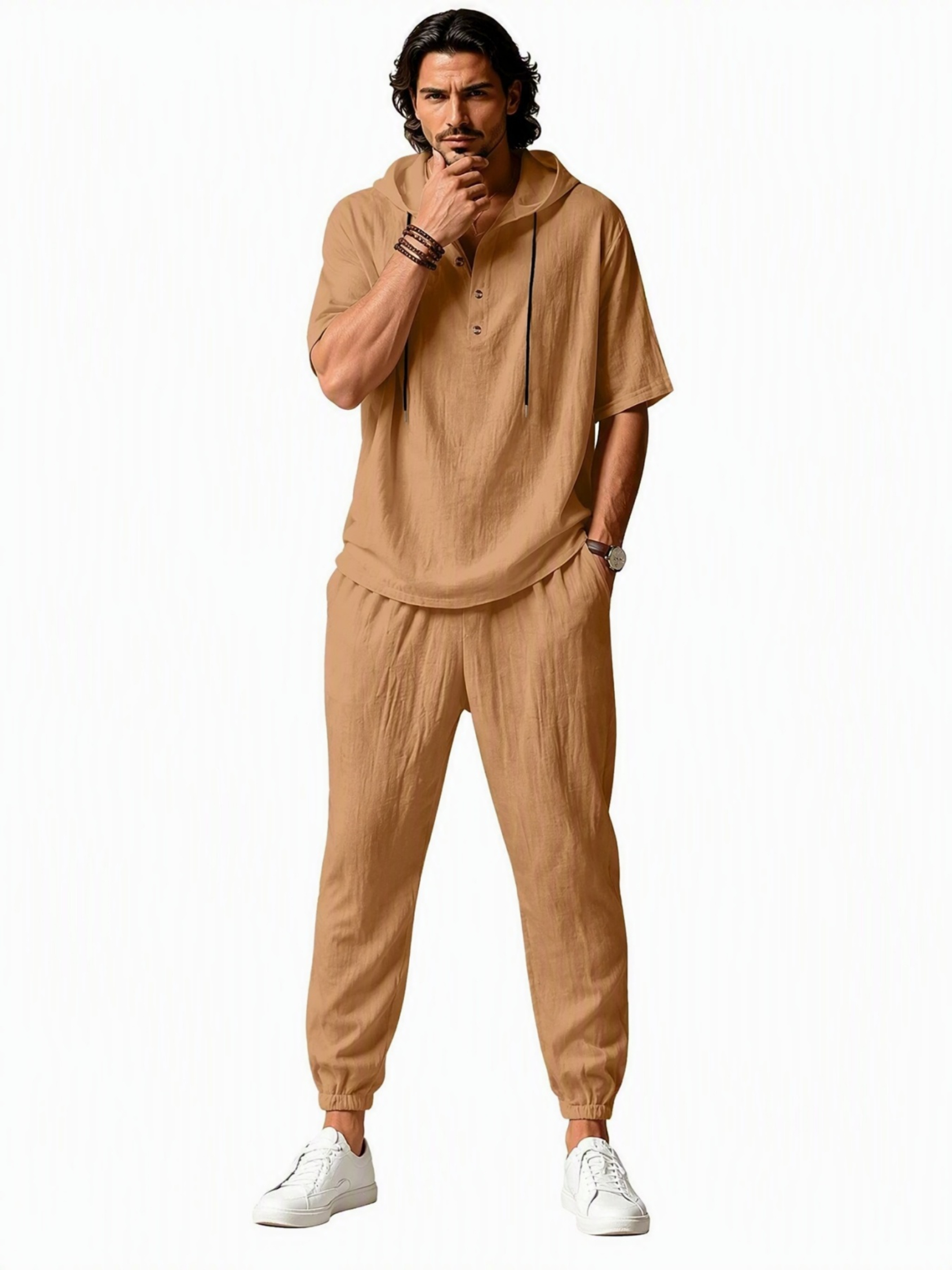 Men Linen Hooded Short-Sleeve and Trousers Set