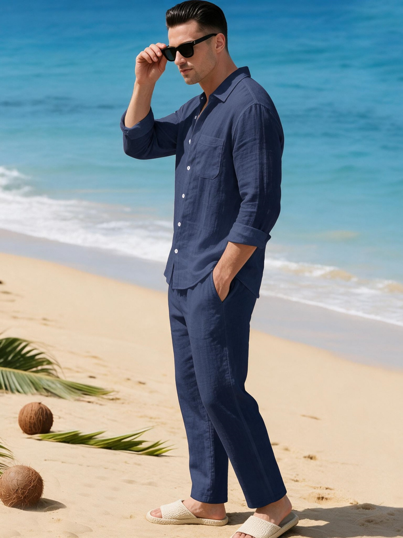 Men Navy Blue Linen Trousers and Shirt Co-Ord Set