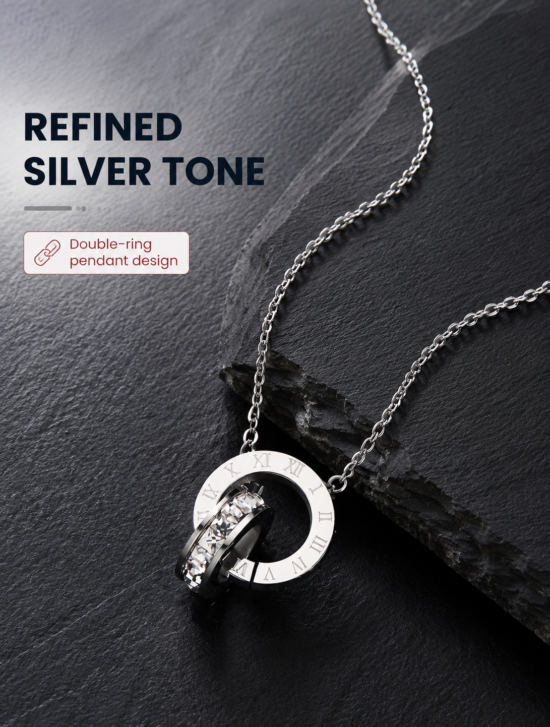 Silver Roman Numeral Interlocking Rings Necklace
