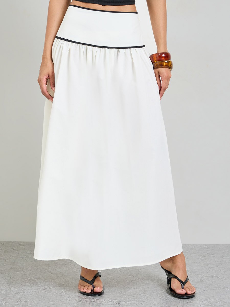 White Solid A-Line Maxi Skirt
