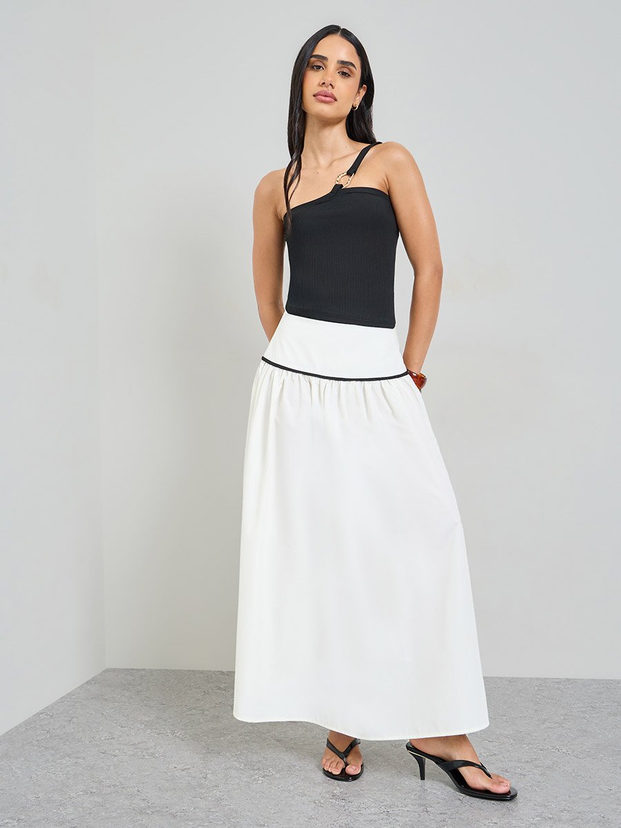 White Solid A-Line Maxi Skirt