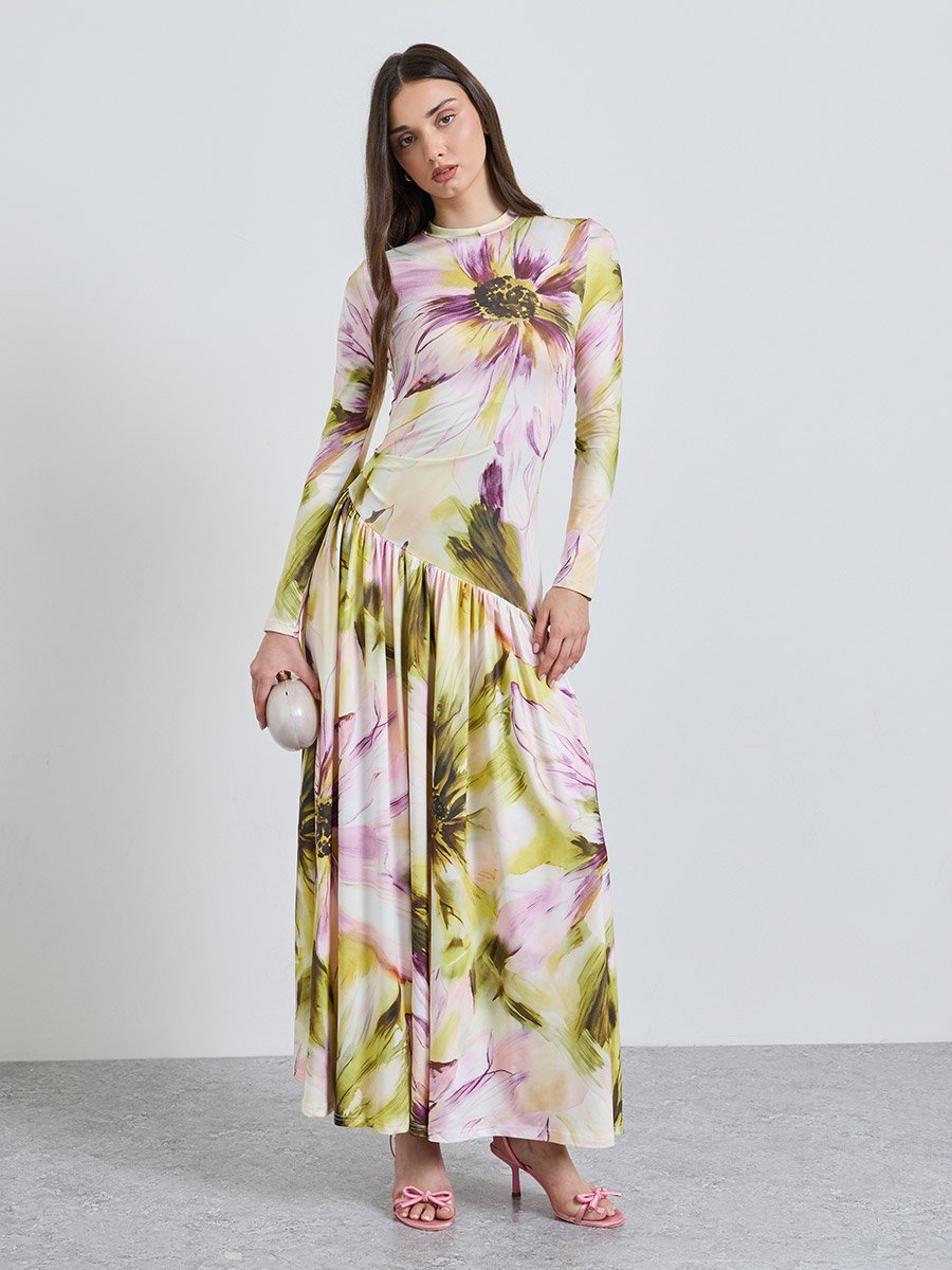 Multi Printed Round Neck A-Line Ankle length Dress