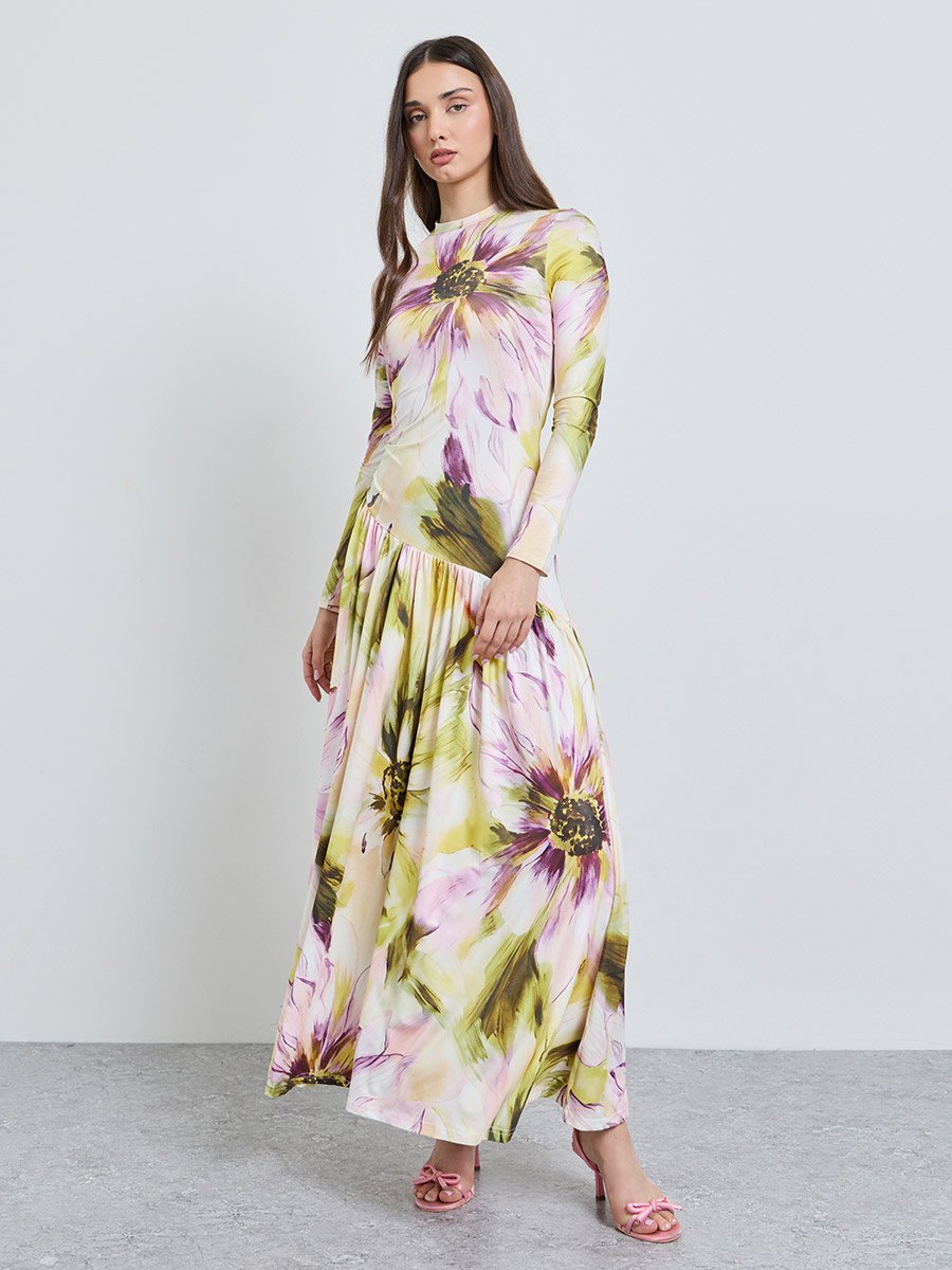 Multi Printed Round Neck A-Line Ankle length Dress