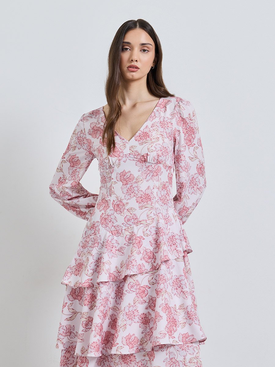 Pink Printed V Neck Tiered Ankle length Dress