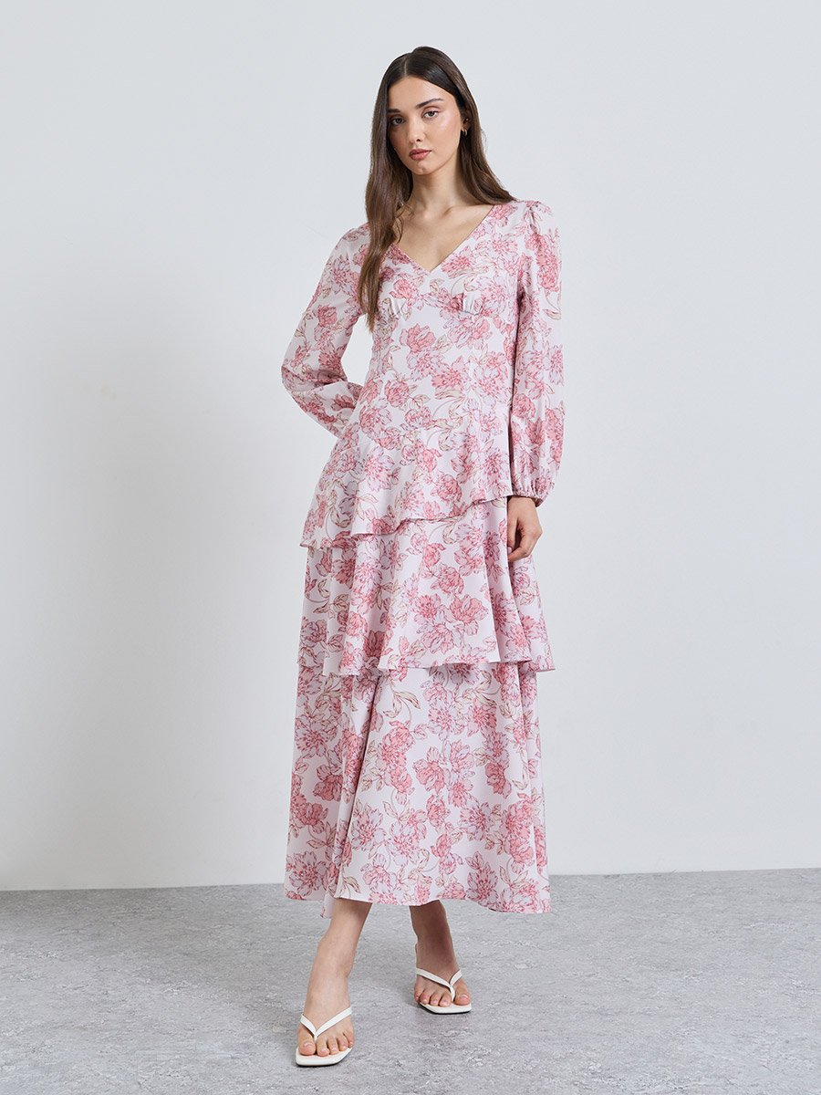 Pink Printed V Neck Tiered Ankle length Dress