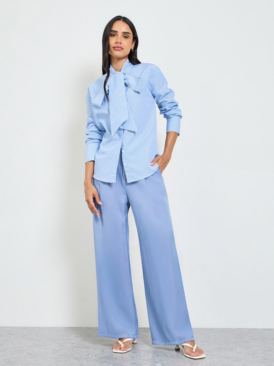 Womens Blue Striped Long Sleeve Bow-Neck Shirt
