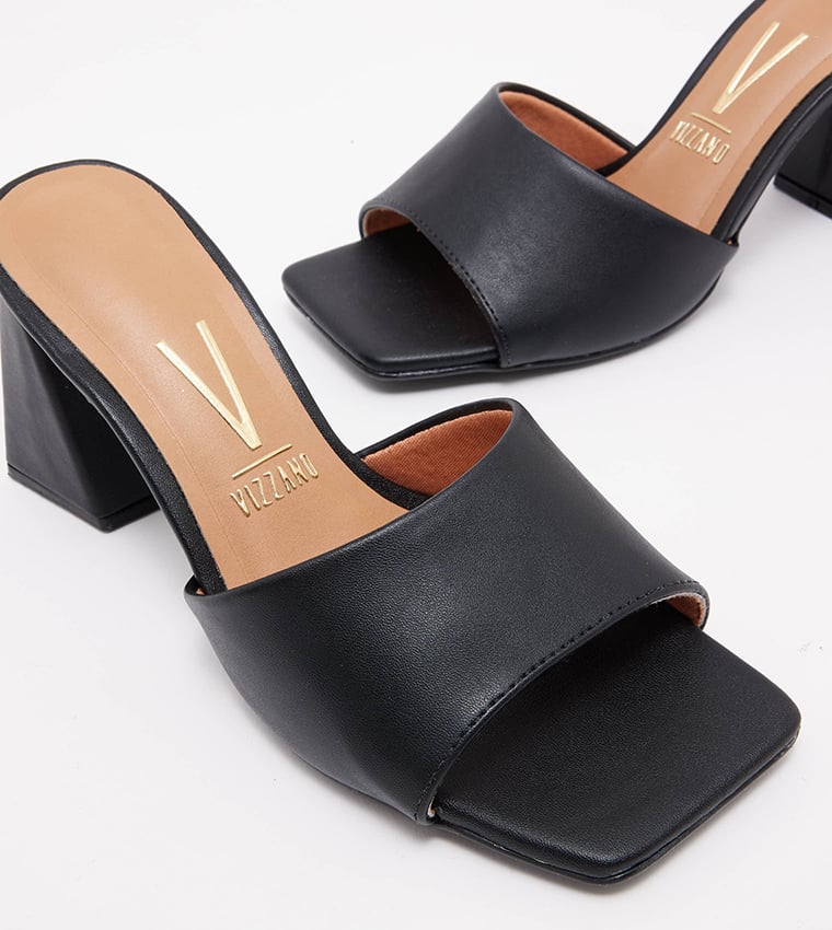 Black High Heel Mule Sandals with Square Toe Heels