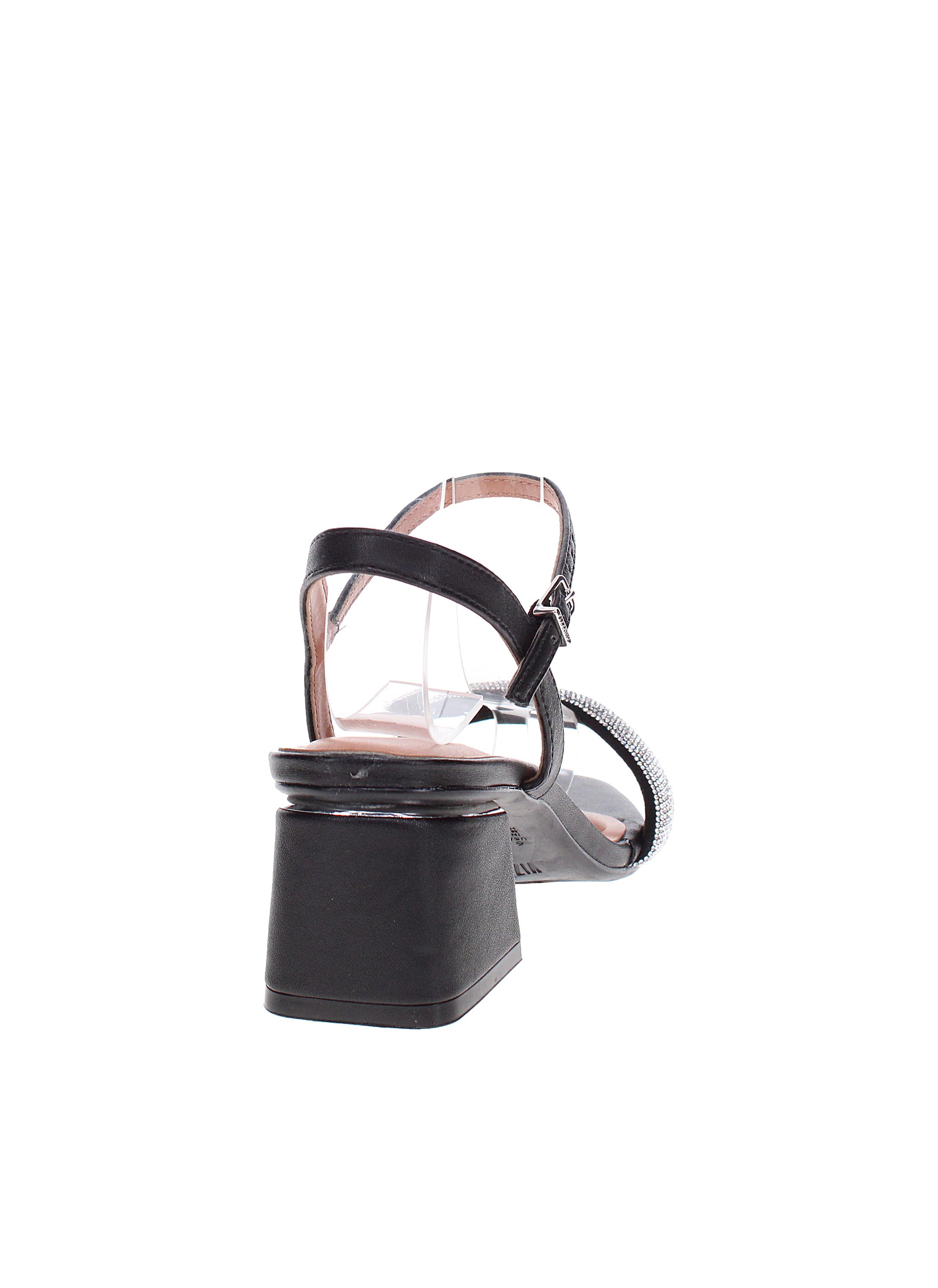 Black Rhinestone Ankle Strap Mid Heel Sandals