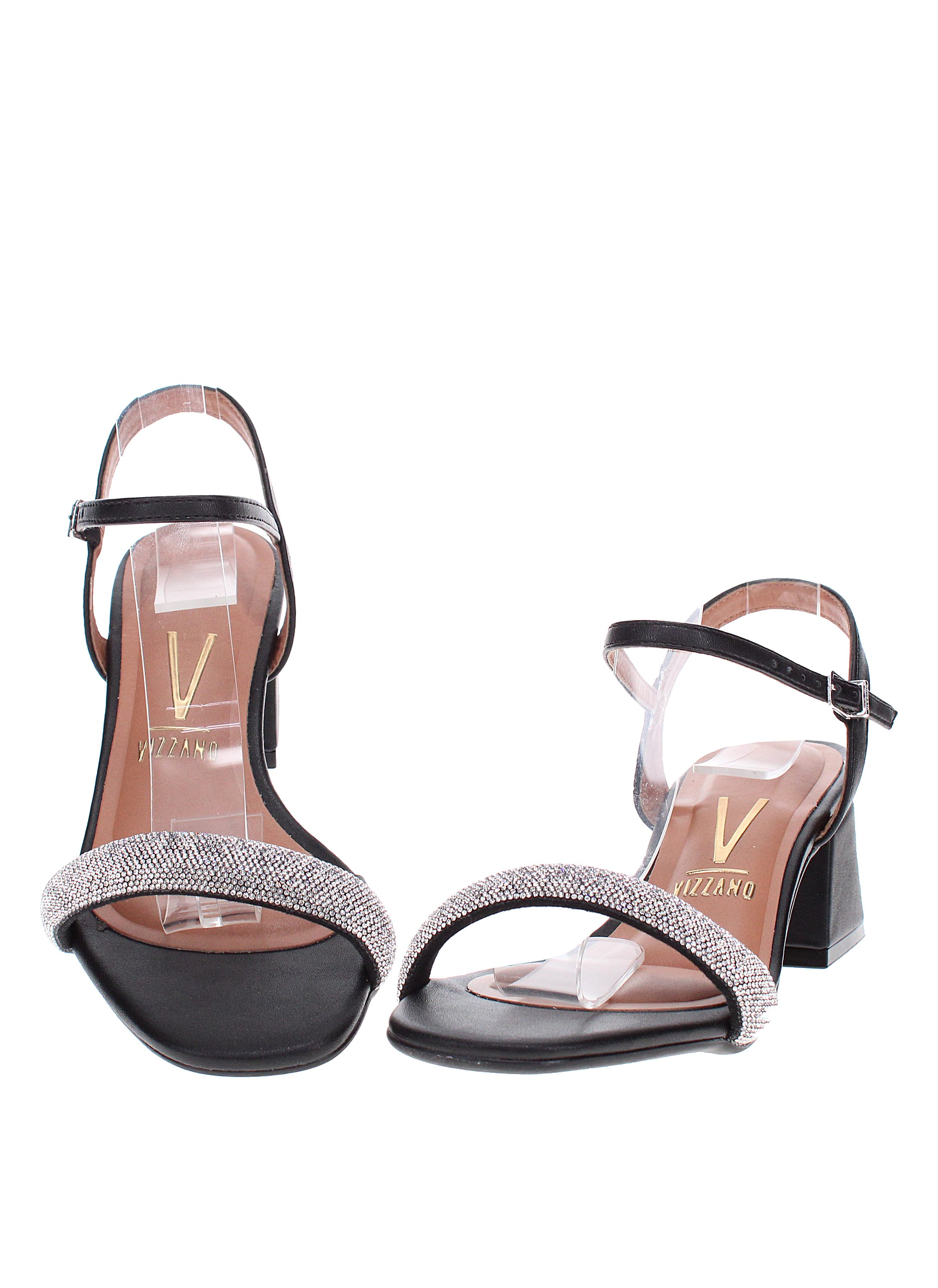 Black Rhinestone Ankle Strap Mid Heel Sandals