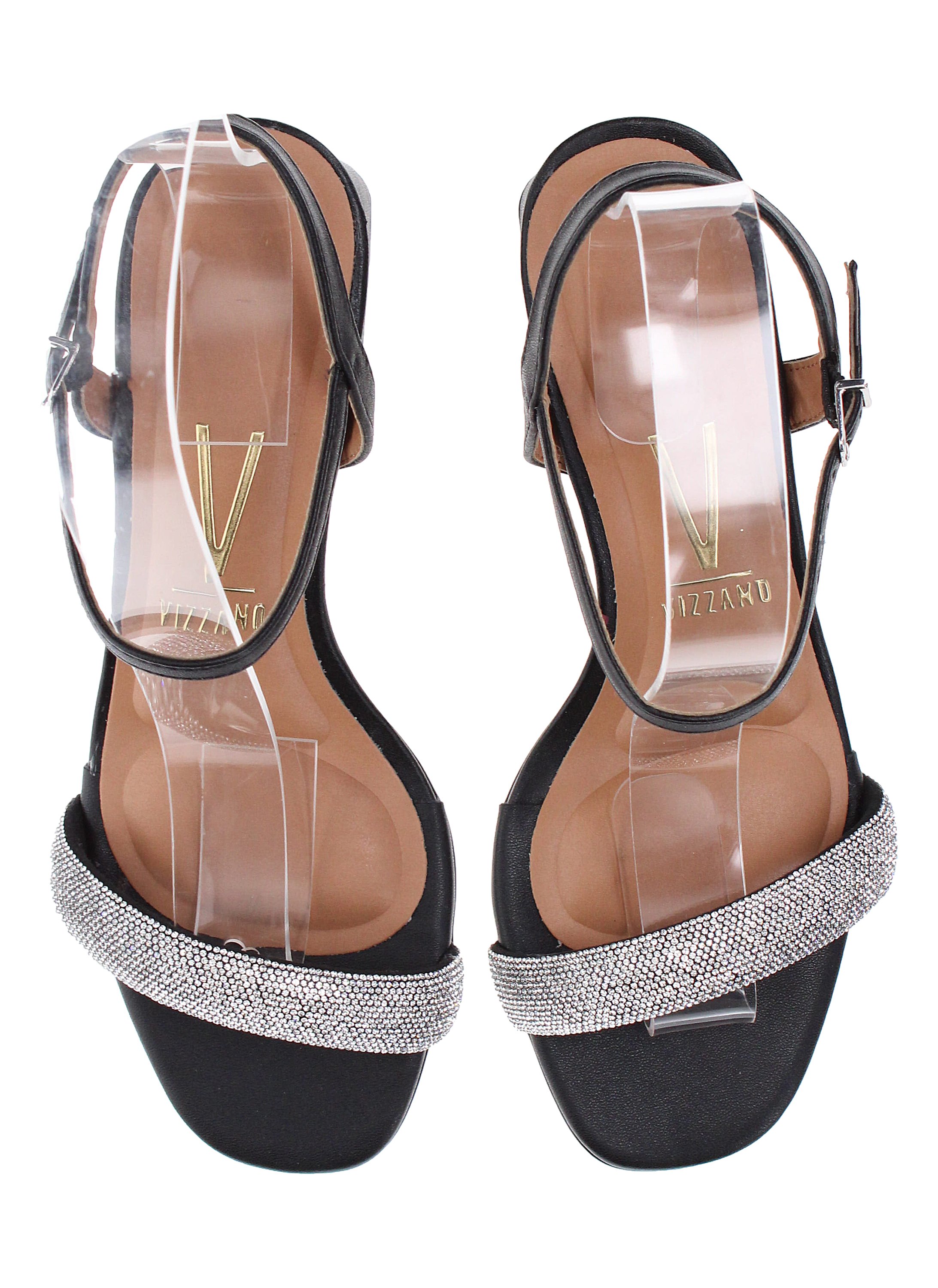 Black Rhinestone Ankle Strap Mid Heel Sandals