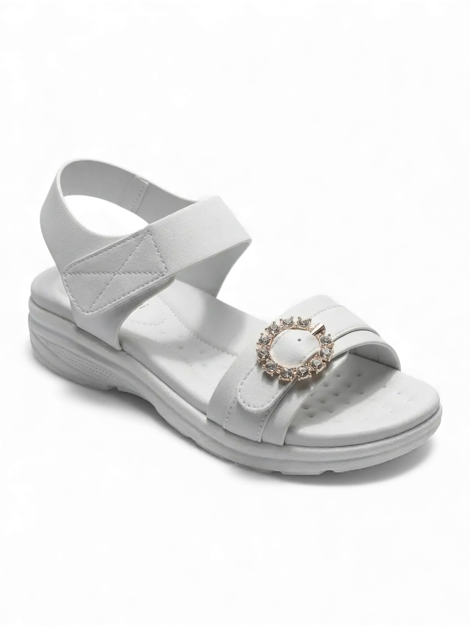 White Low-Heel Comfort Sandals with Embellished Buckle