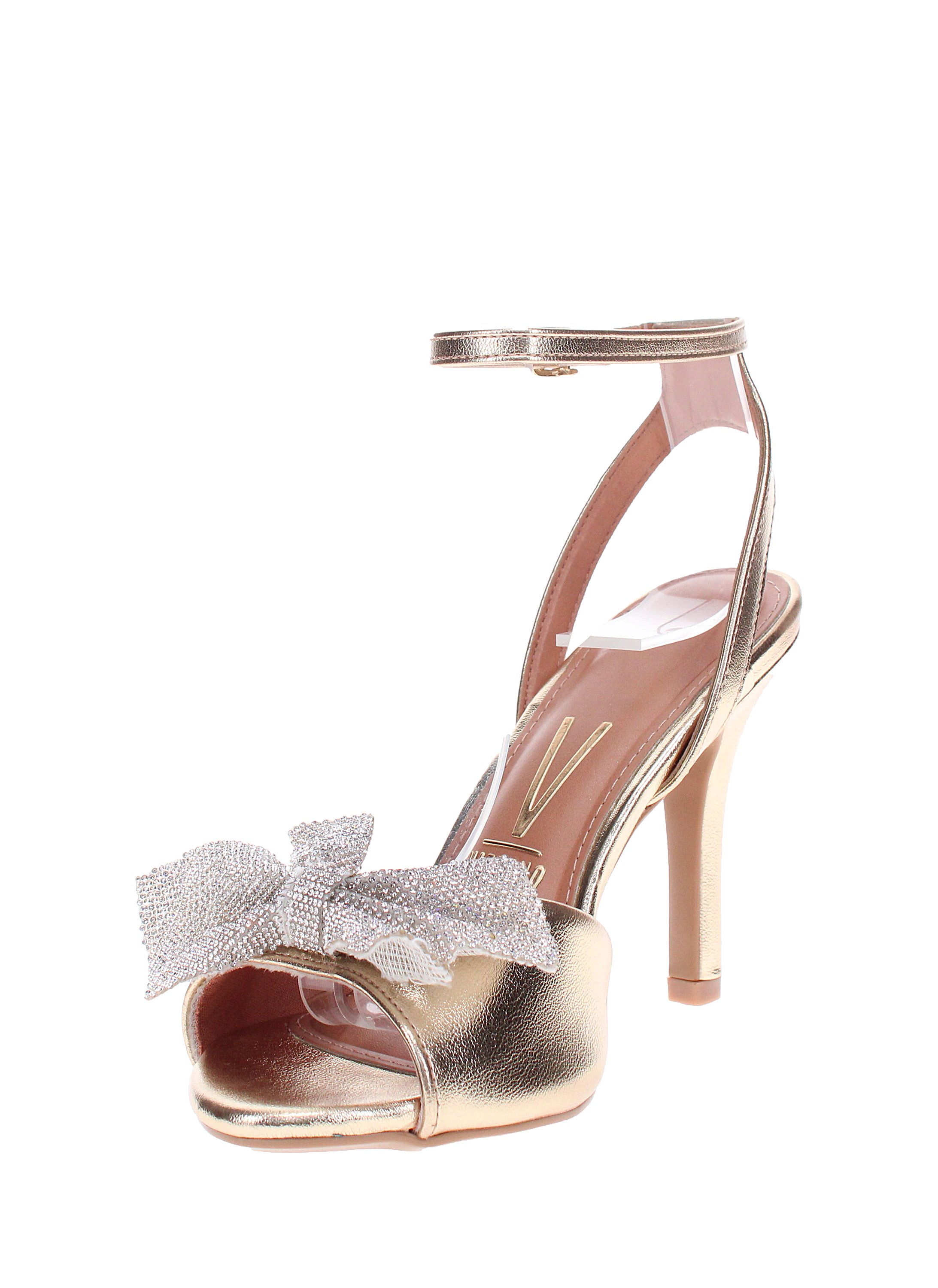 Gold Shimmer Mid-Heel Sandals with Rhinestone Bow
