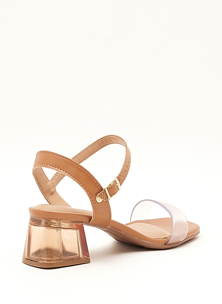 Tan Mid-Heel Sandals with Clear Strap
