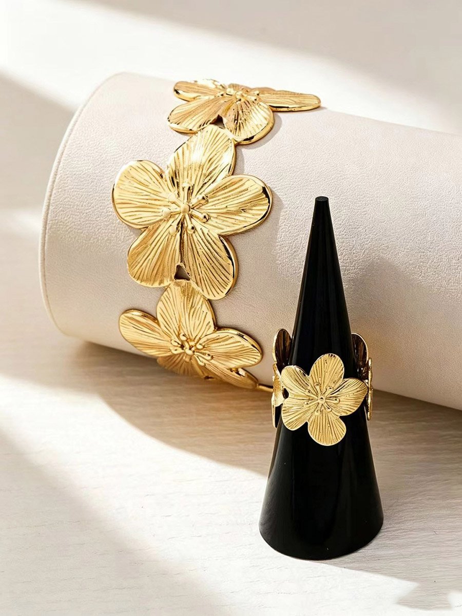 Oversized Textured Flower Ring and Triple Floral Cuff Bracelet Set