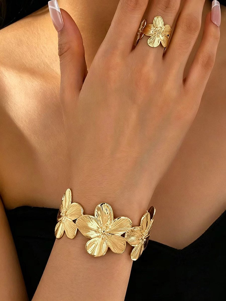 Oversized Textured Flower Ring and Triple Floral Cuff Bracelet Set