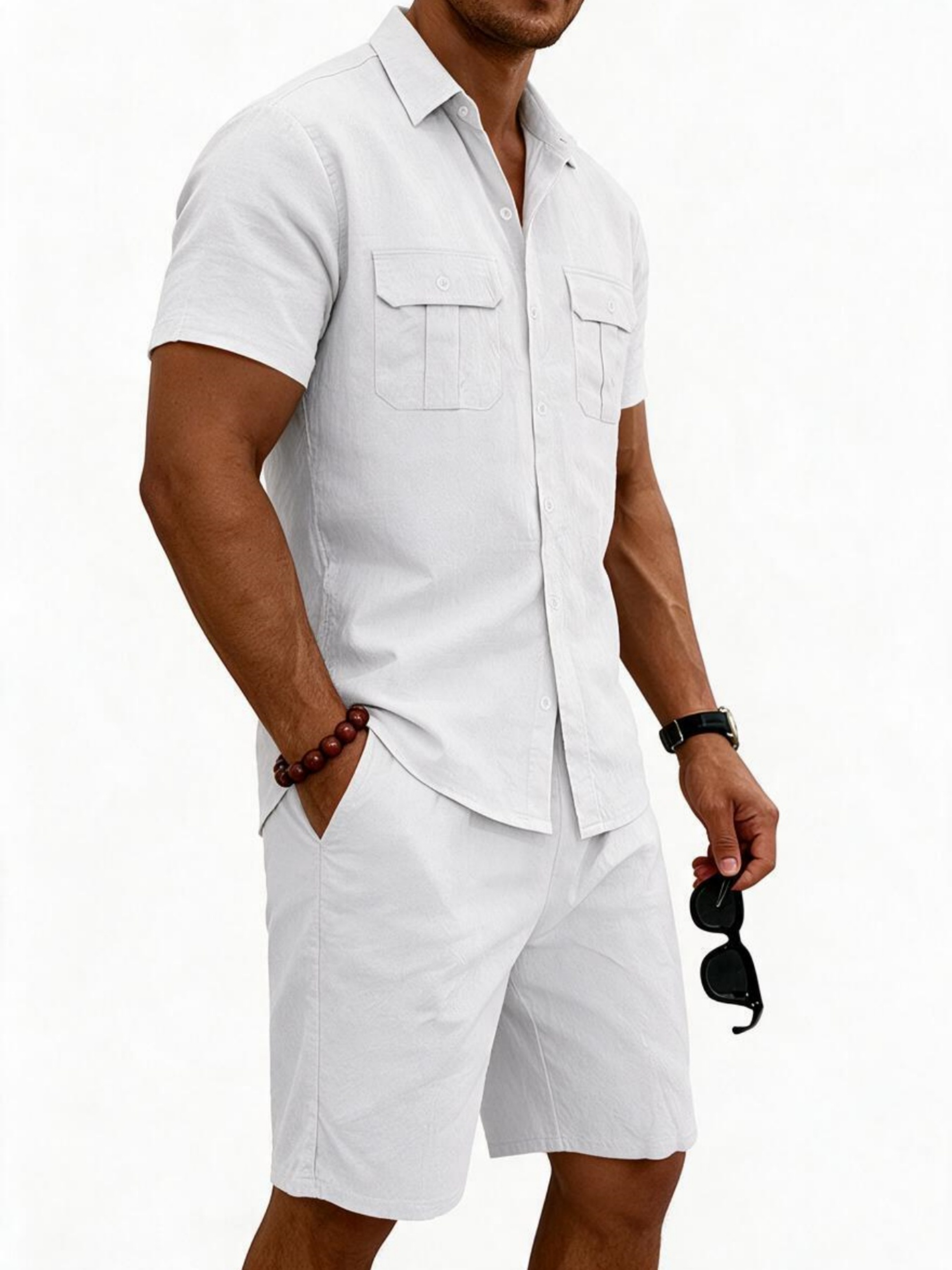 Men White Linen Blend Short Sleeve Shirt and Shorts Set