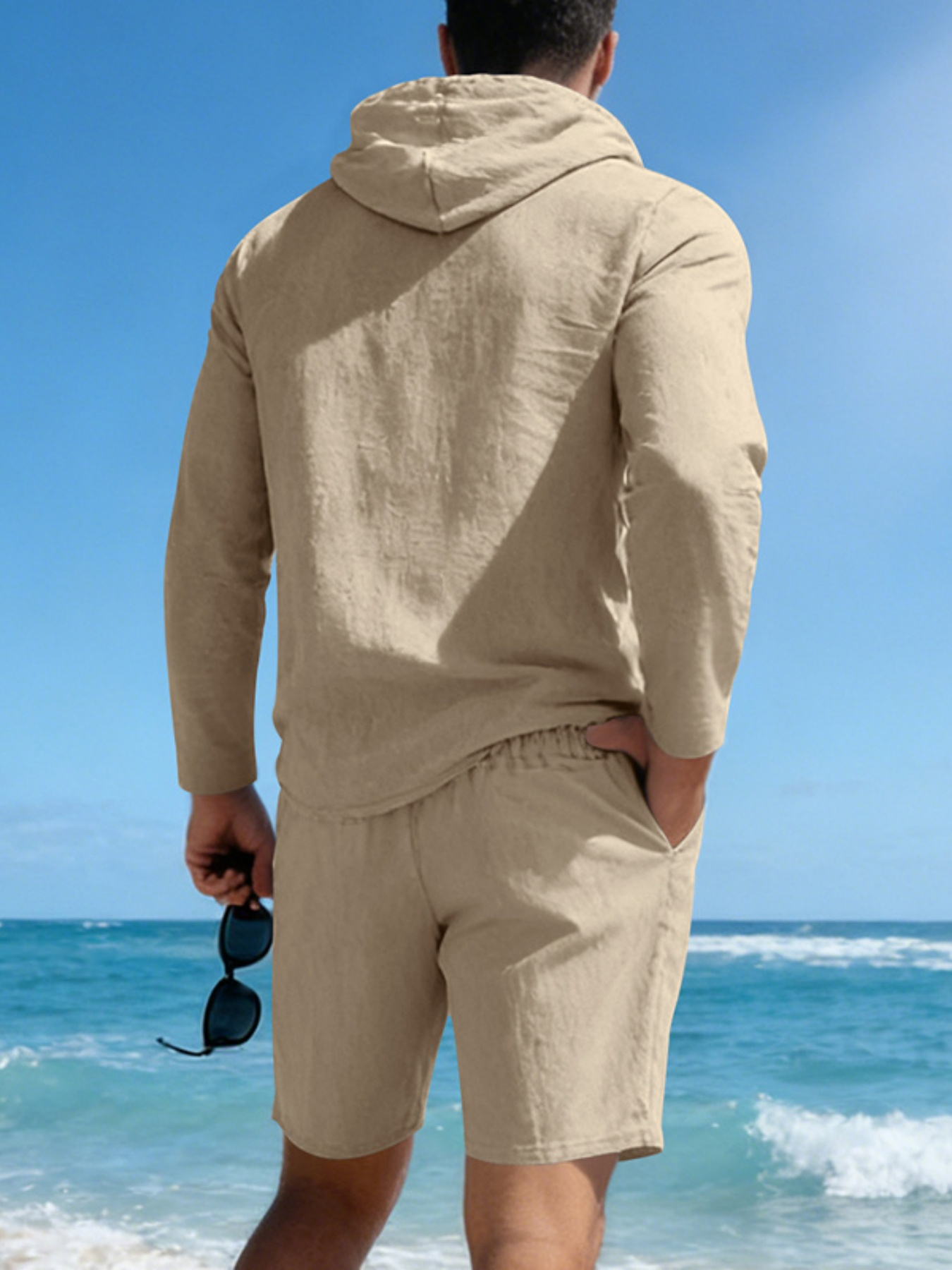 Men Beige Linen Hooded Shirt and Shorts Set