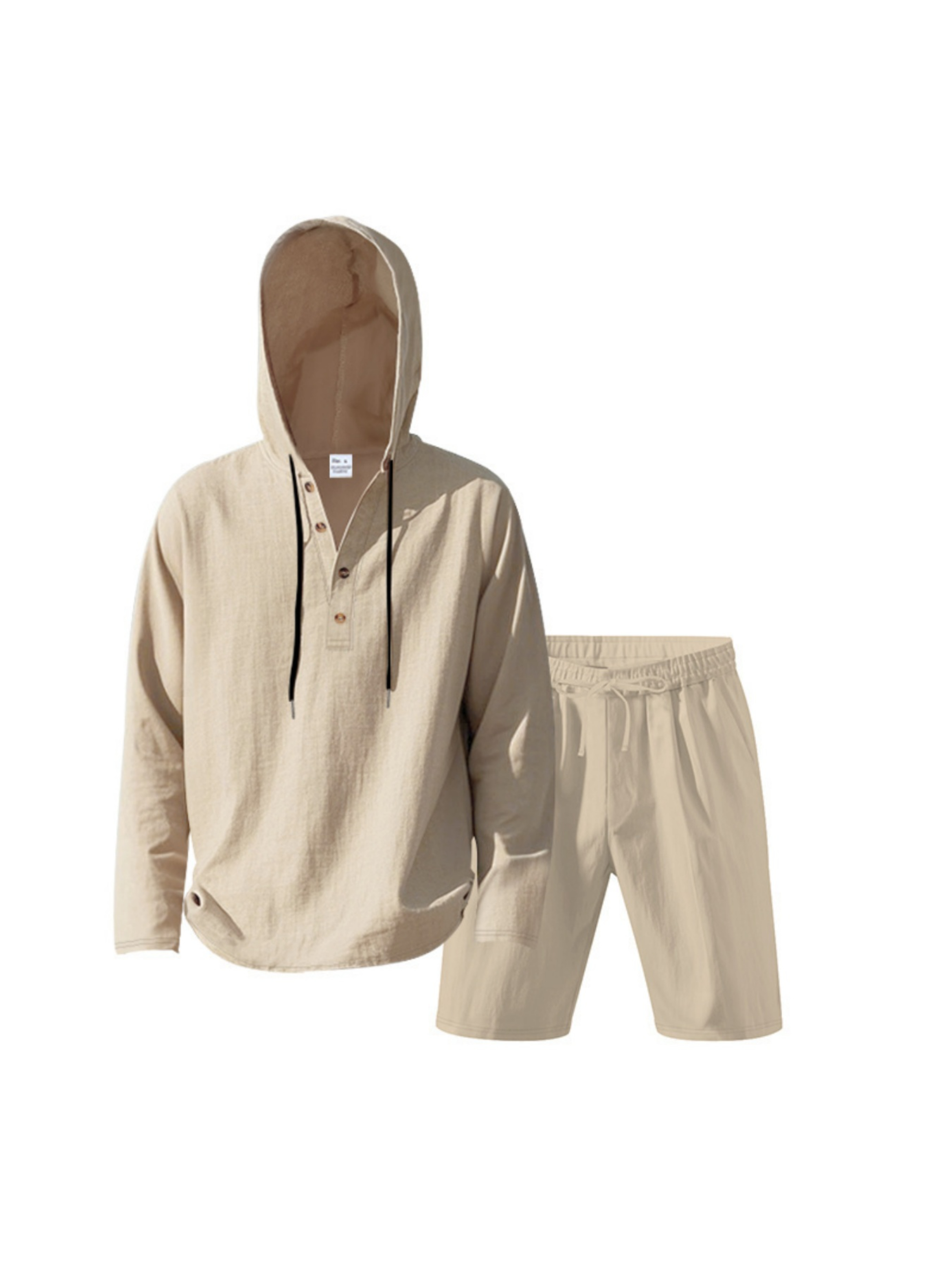 Men Beige Linen Hooded Shirt and Shorts Set