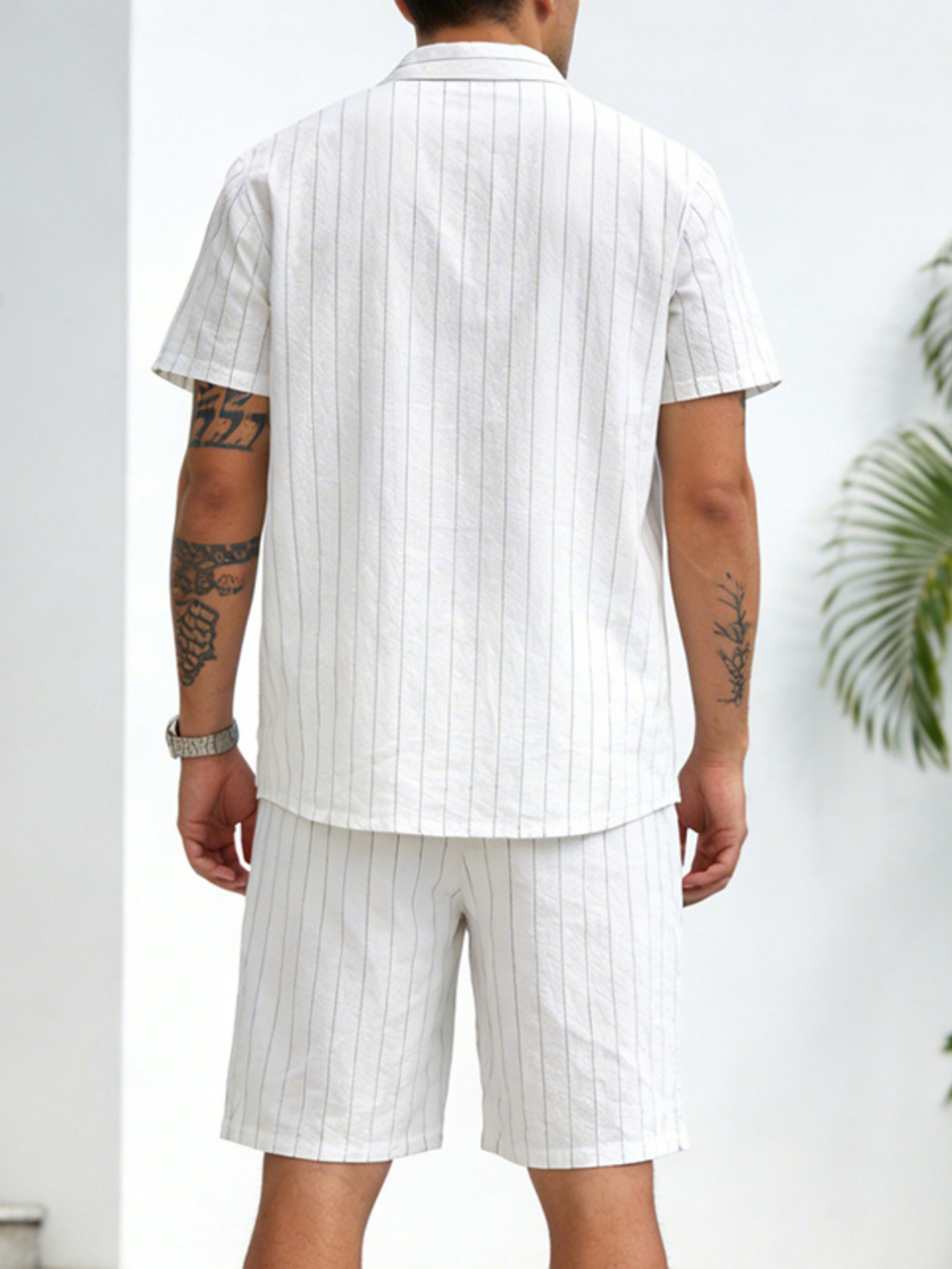 Men White Striped Linen Co-Ord Set with Short Sleeve Shirt and Shorts