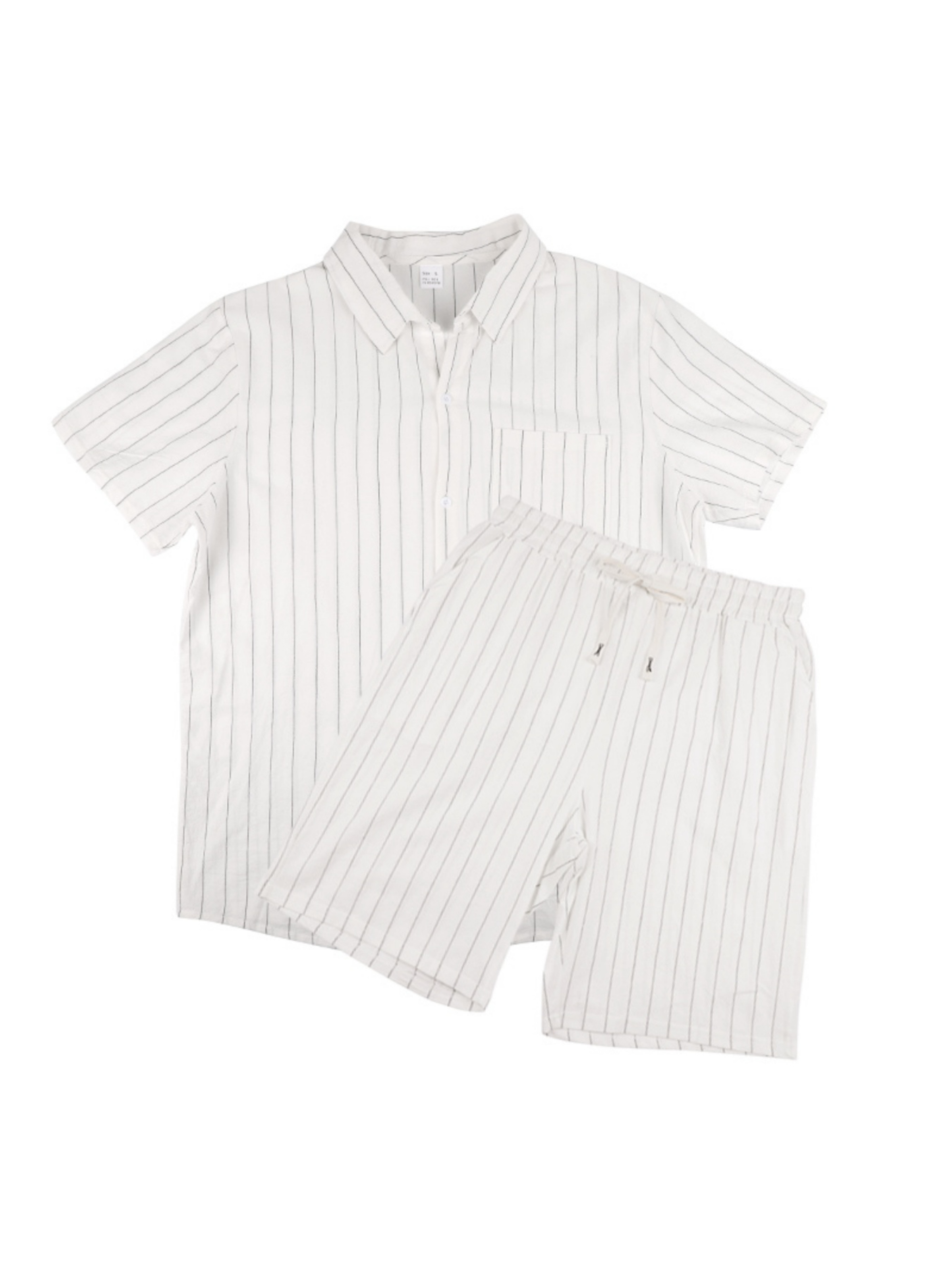 Men White Striped Linen Co-Ord Set with Short Sleeve Shirt and Shorts