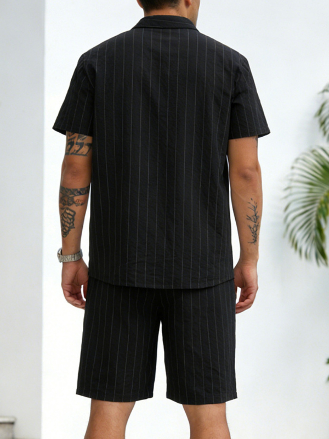 Men Black Pinstripe Shirt and Shorts Co-Ord Set