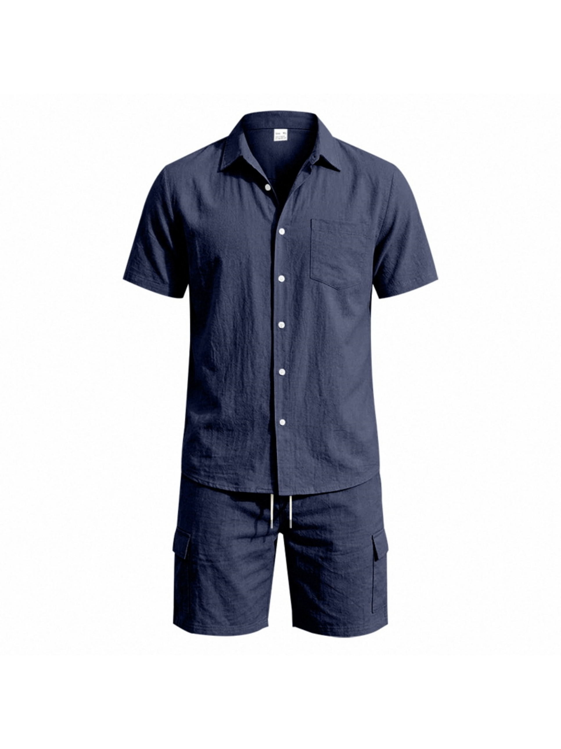 Men Navy Blue Linen Blend Shirt and Cargo Shorts Set