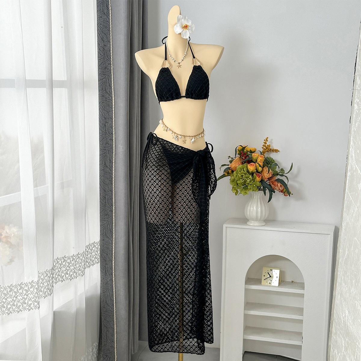Black Triangle Bikini Set with Skirt