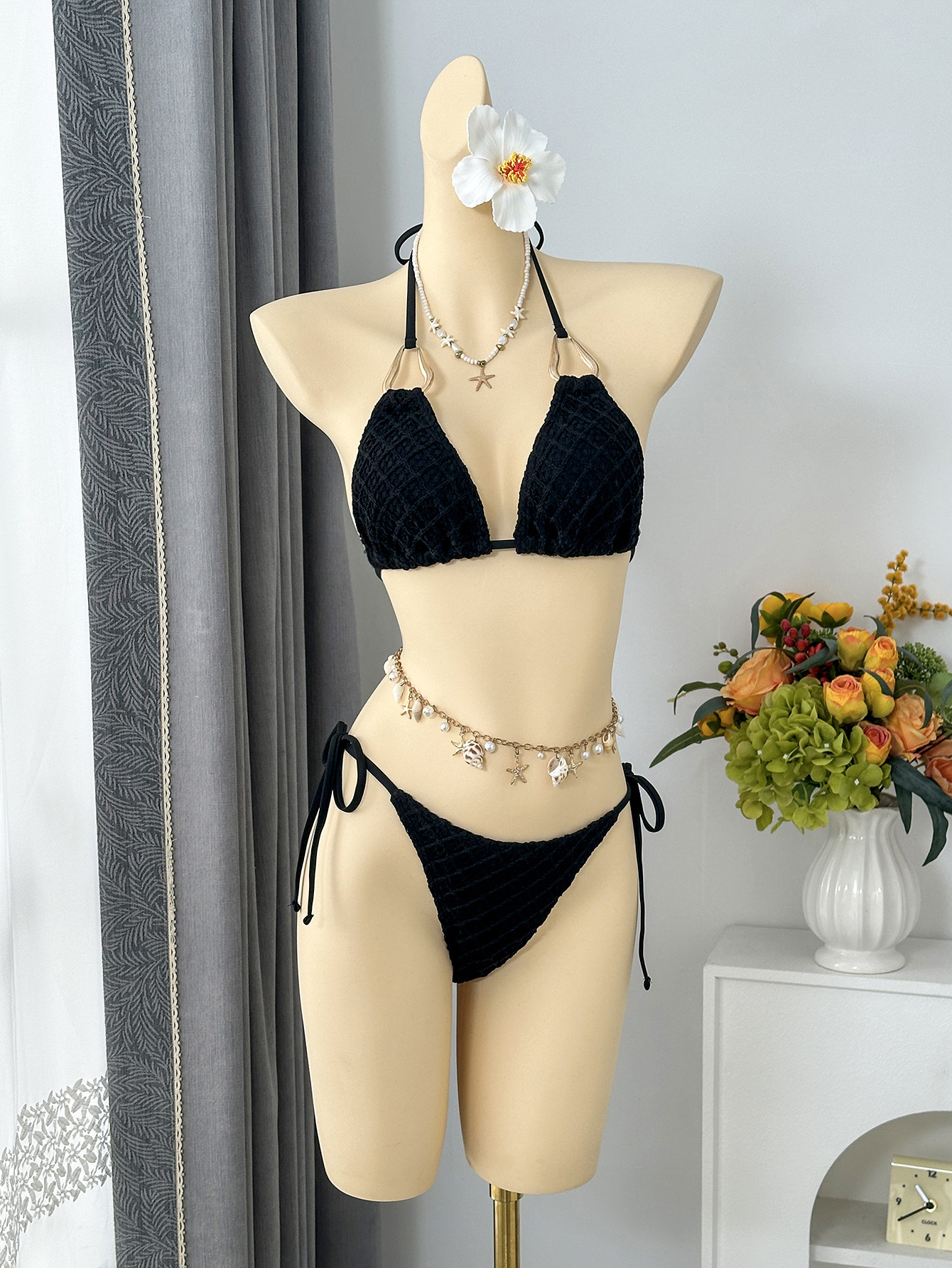 Black Triangle Bikini Set with Skirt