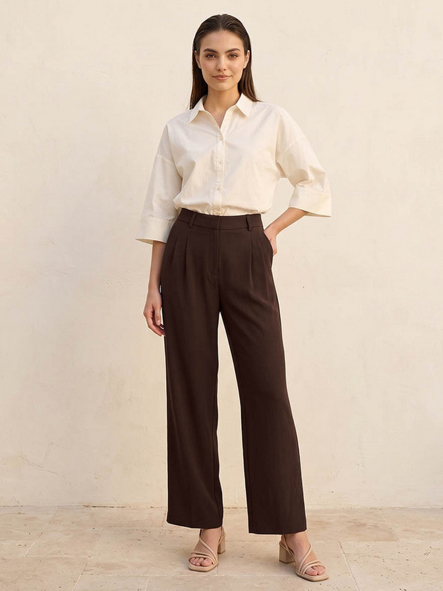 Straight Fit Belt Loop Waist Pleated Trousers