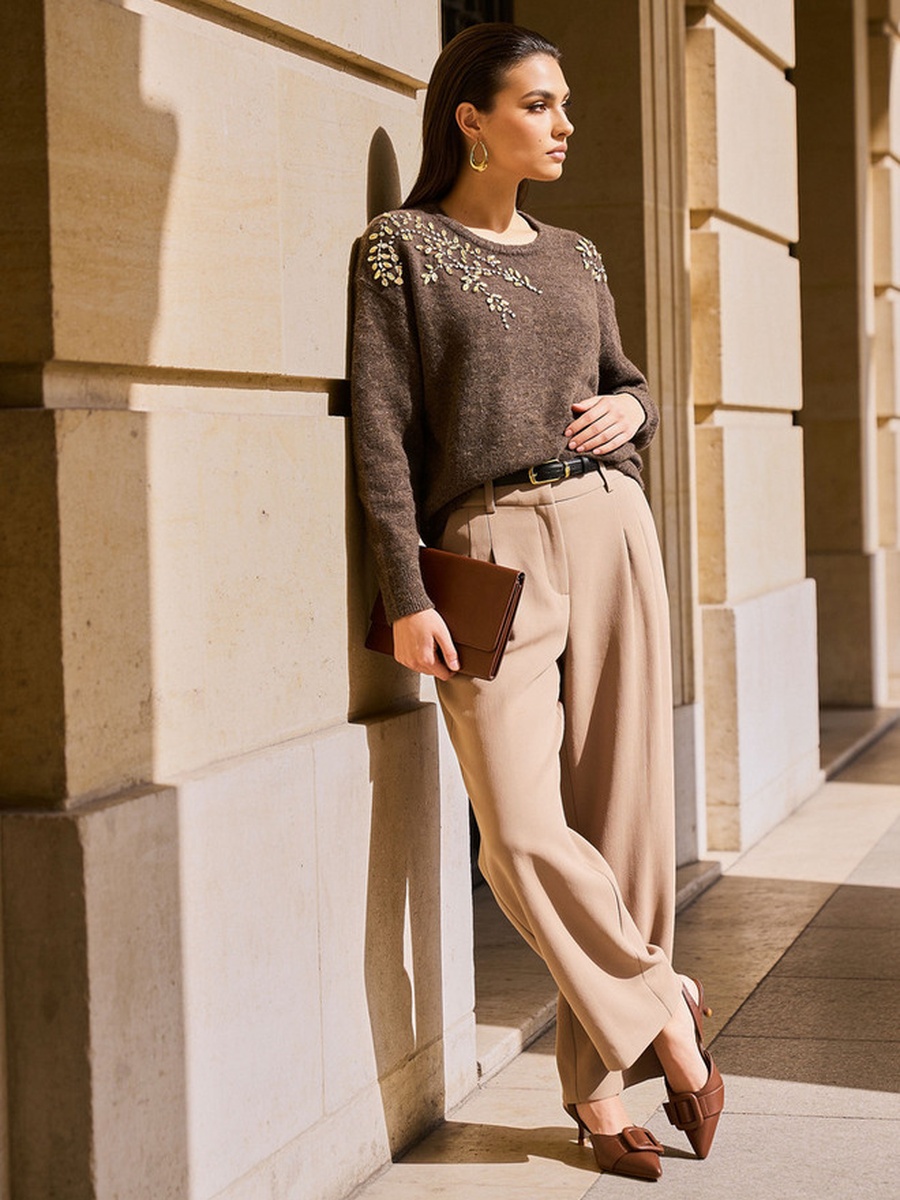 Straight Fit Belt Loop Waist Pleated Trousers