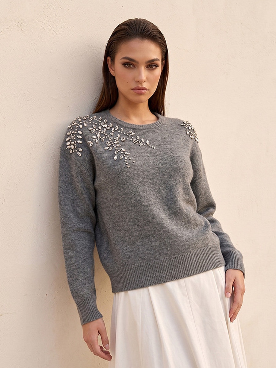 Relaxed Fit Embellished Round Neck Sweater