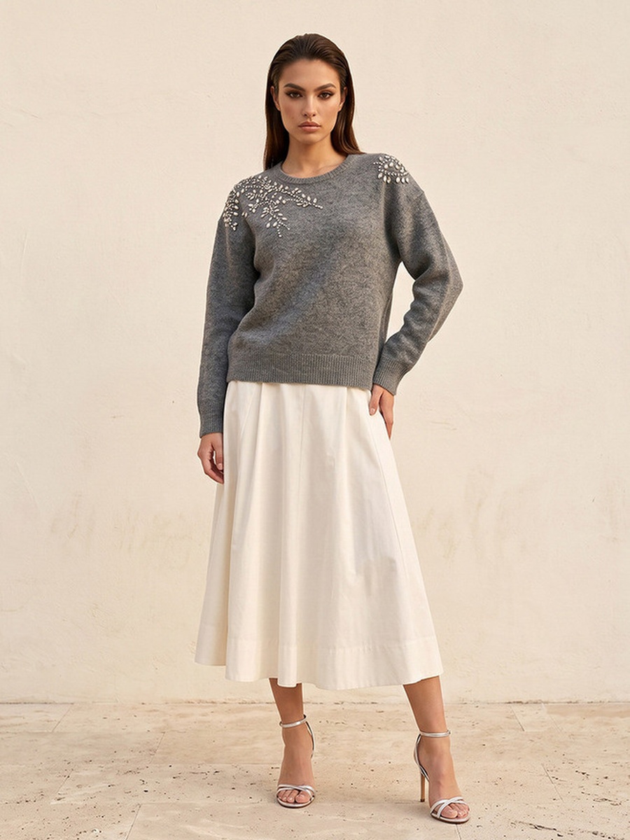 Relaxed Fit Embellished Round Neck Sweater