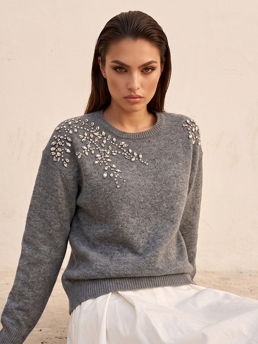 Relaxed Fit Embellished Round Neck Sweater
