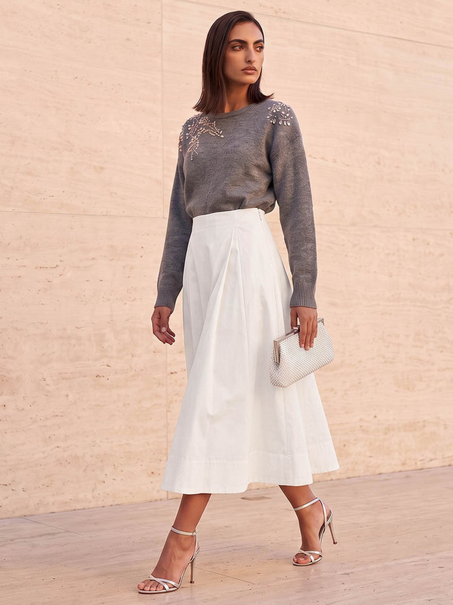 Midi Length Poly Blend Panelled Skirt