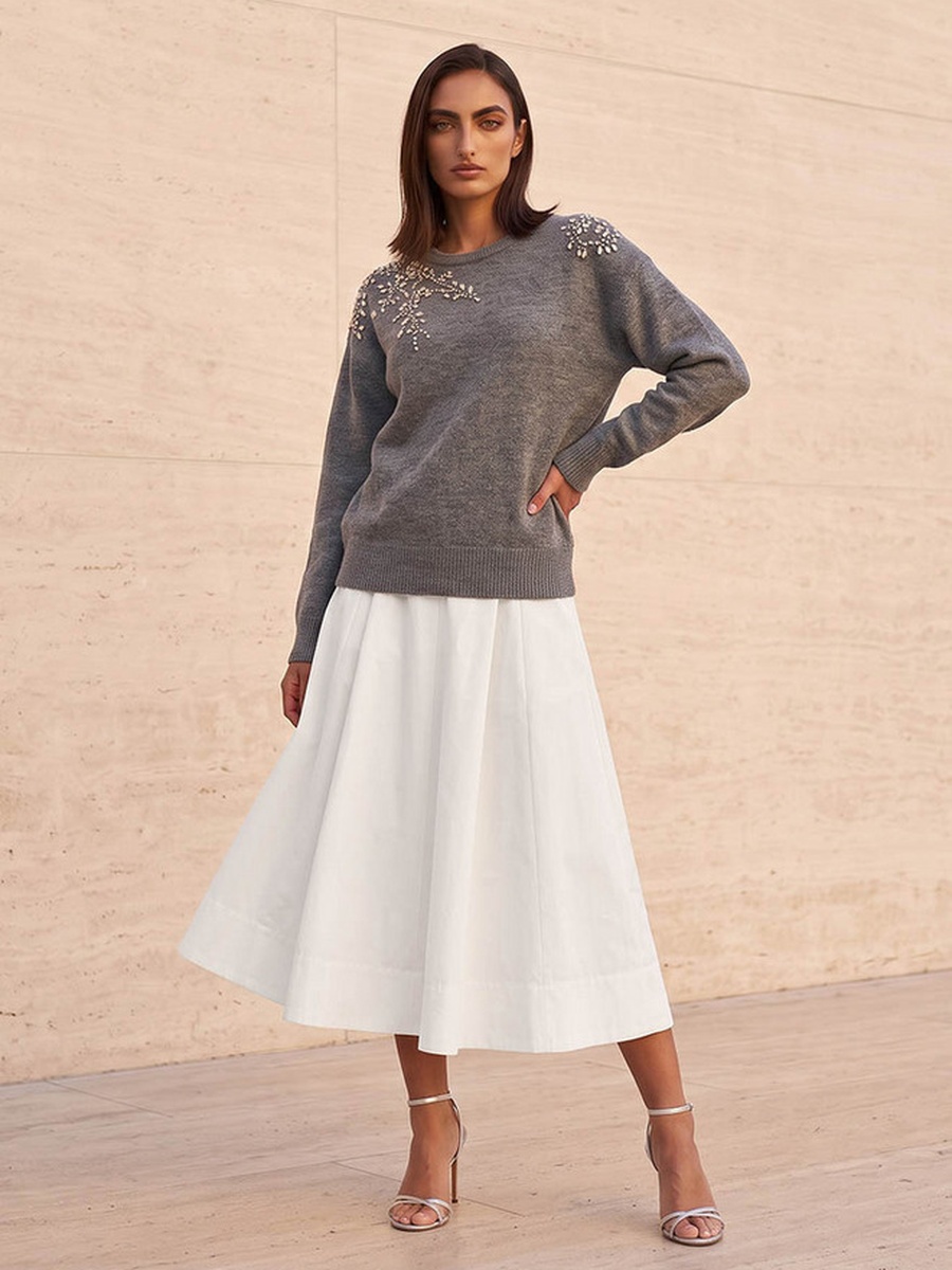Midi Length Poly Blend Panelled Skirt