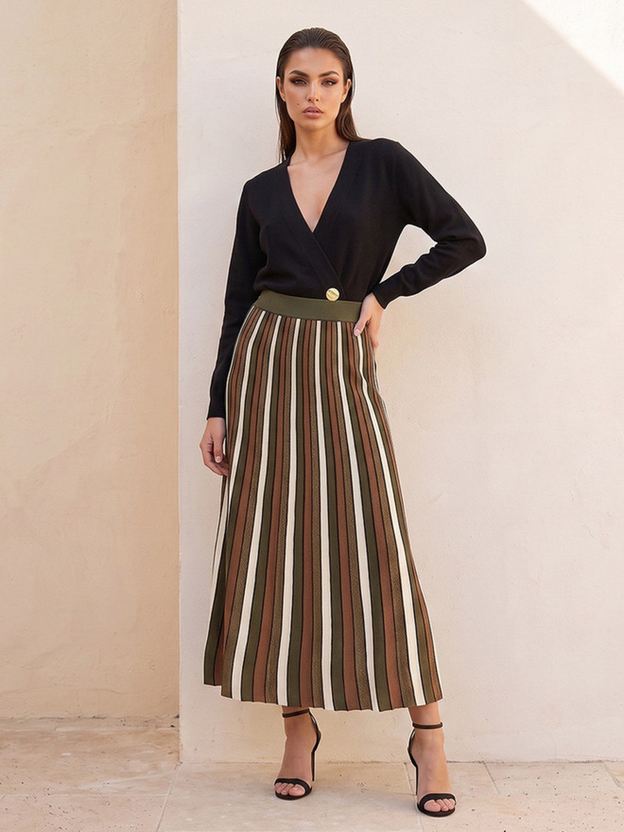Maxi Length Striped Skirt with Pleats