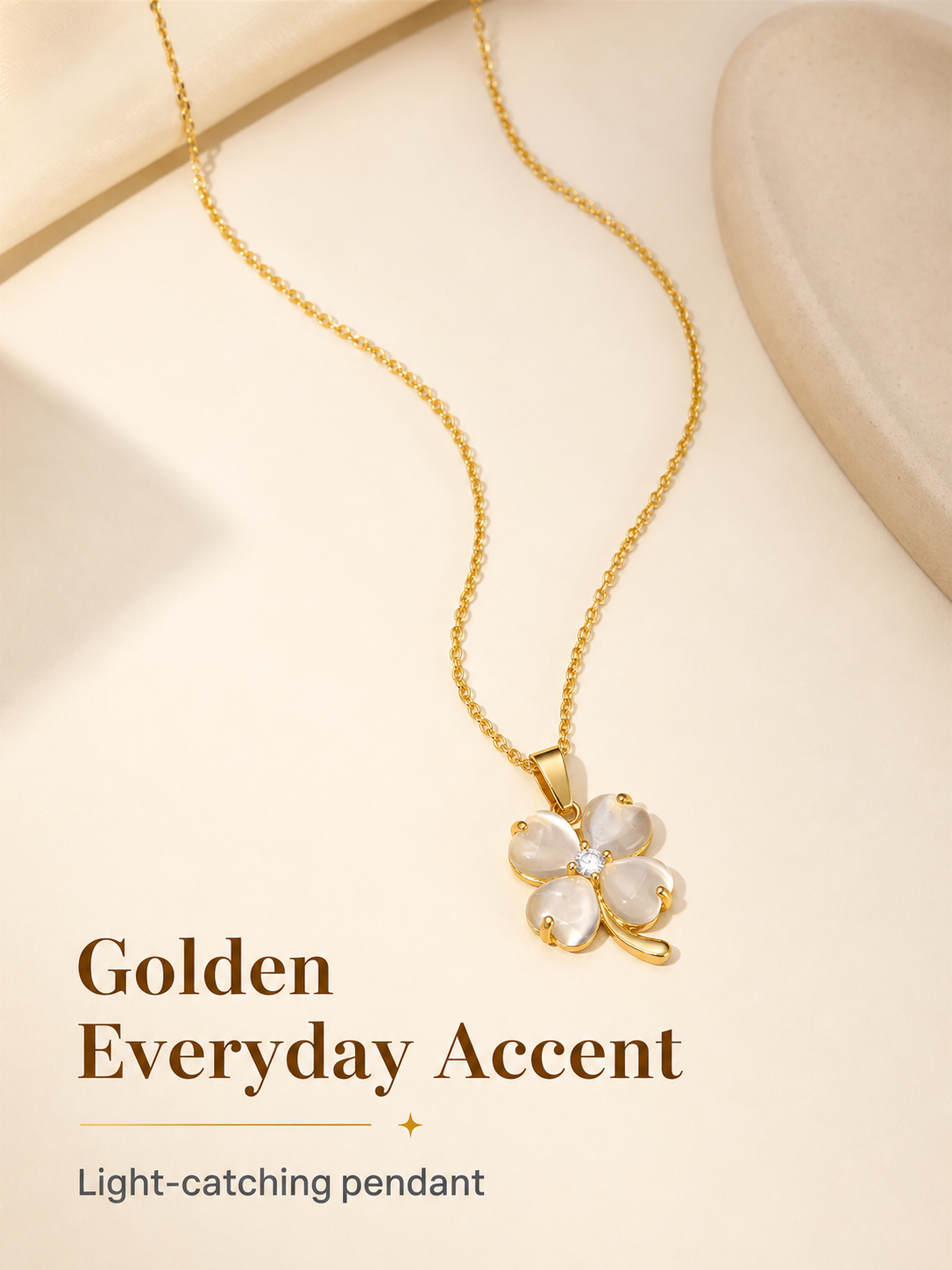 Gold Four-Leaf Clover Shell Pendant Necklace