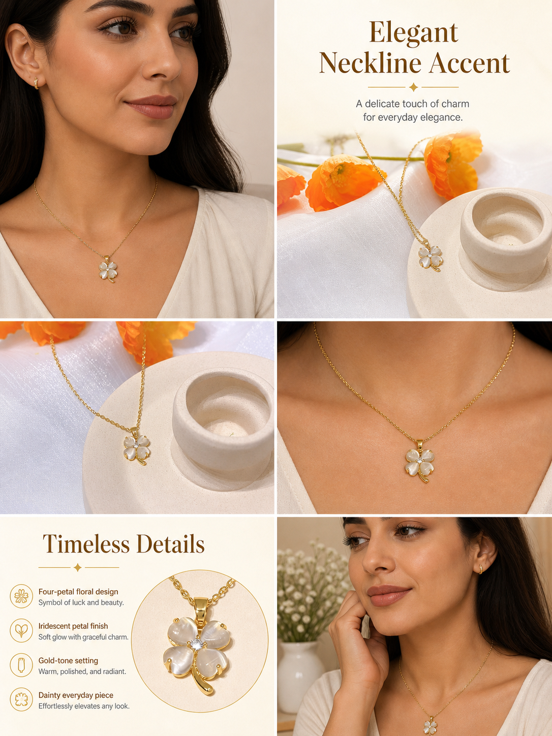 Gold Four-Leaf Clover Shell Pendant Necklace