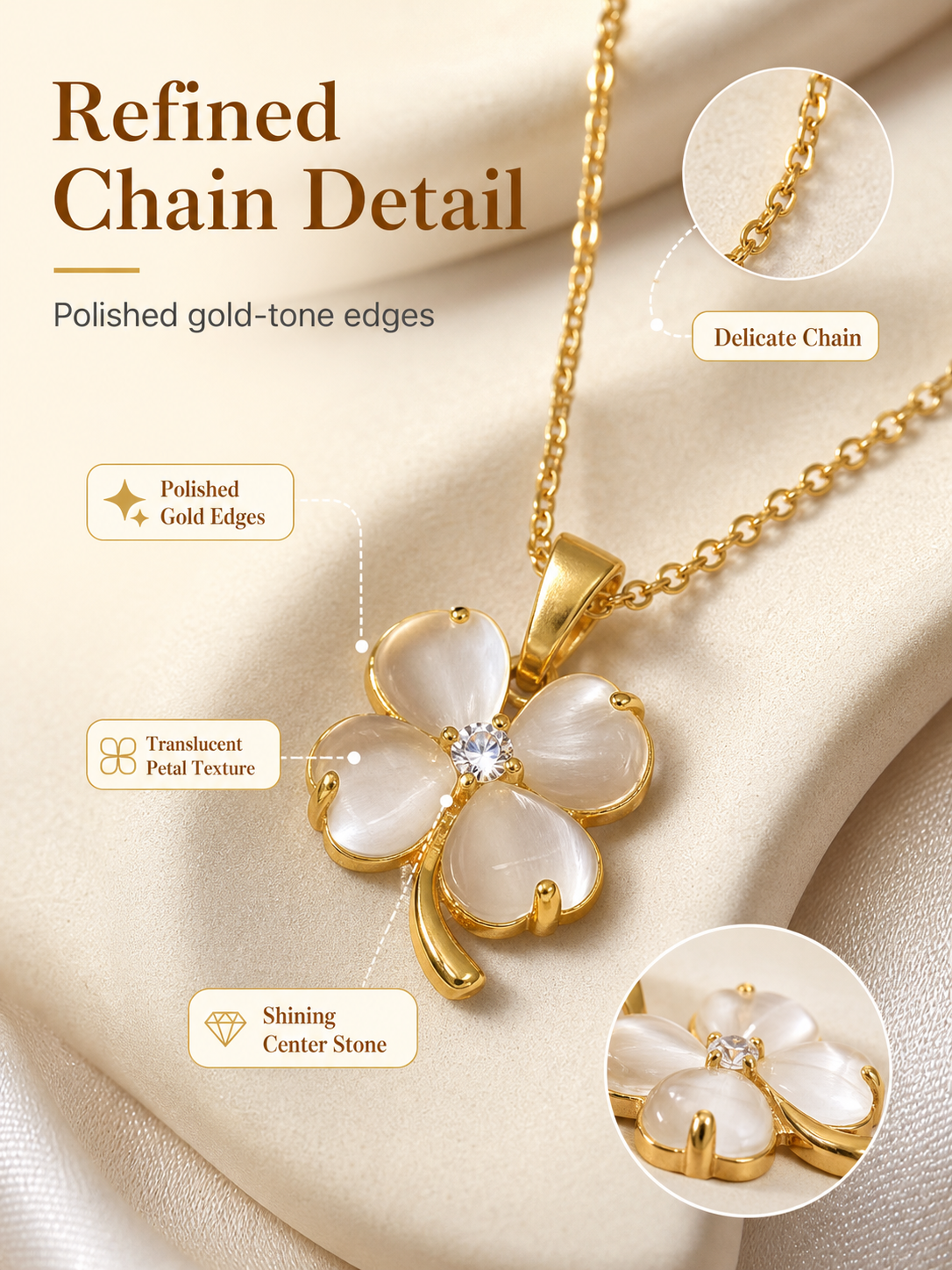 Gold Four-Leaf Clover Shell Pendant Necklace