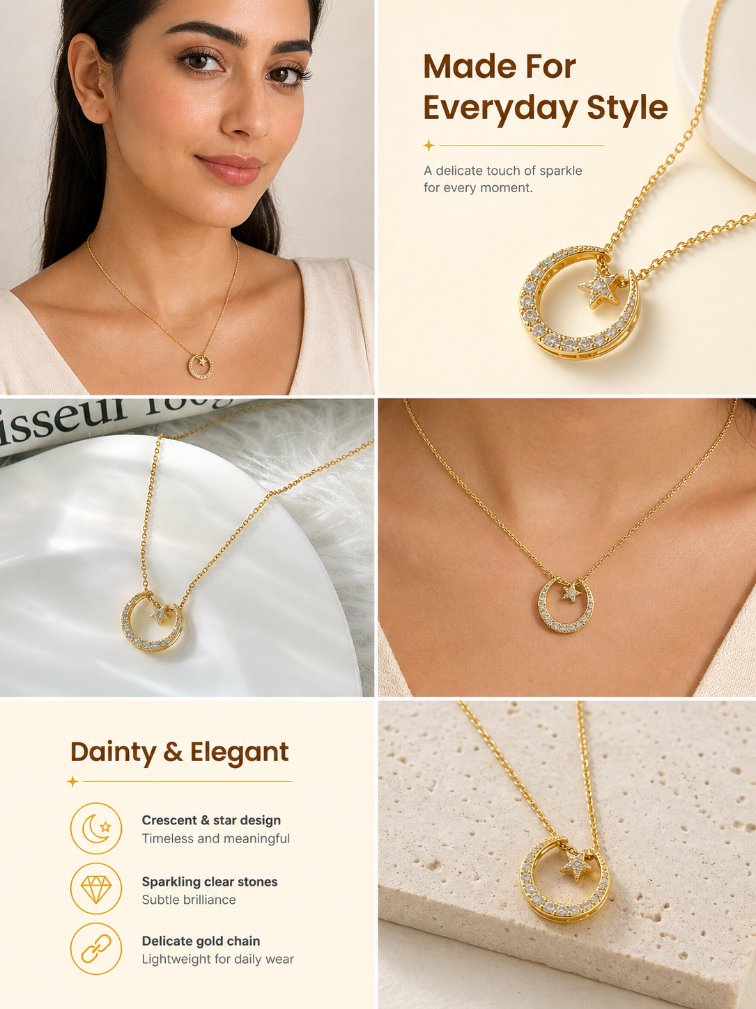 Gold Crescent Star Necklace
