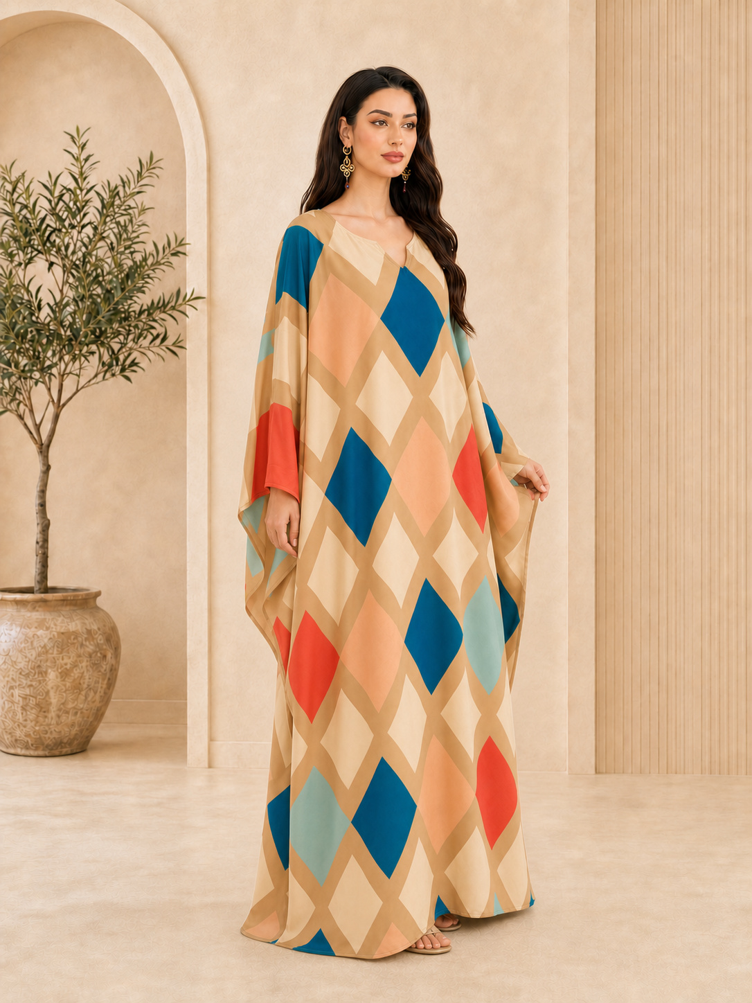 Multi-Color Diamond Print Maxi Kaftan Dress