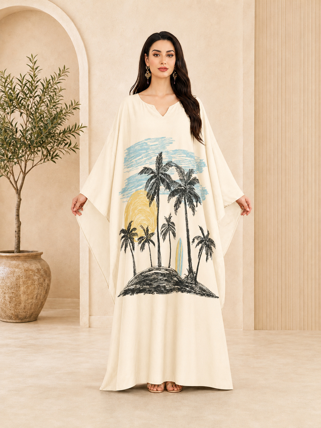 Off-White Kaftan Maxi Dress with Palm Tree Print