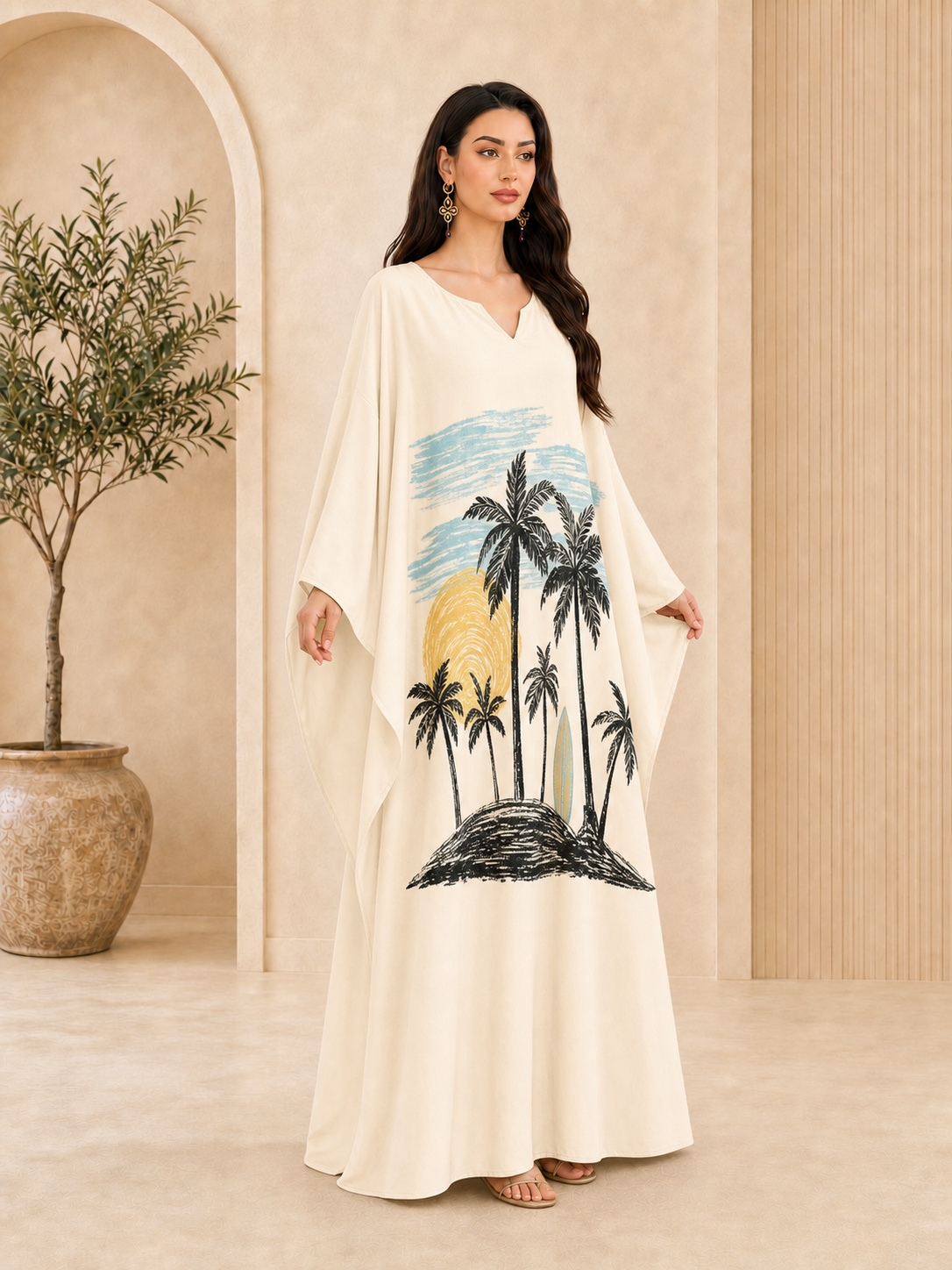 Off-White Kaftan Maxi Dress with Palm Tree Print