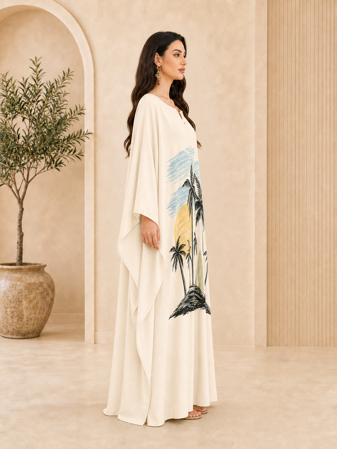 Off-White Kaftan Maxi Dress with Palm Tree Print