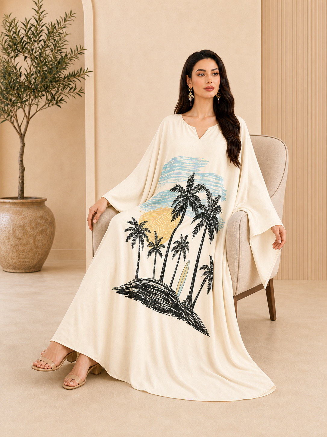 Off-White Kaftan Maxi Dress with Palm Tree Print