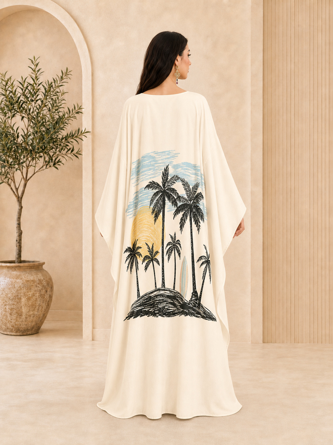 Off-White Kaftan Maxi Dress with Palm Tree Print