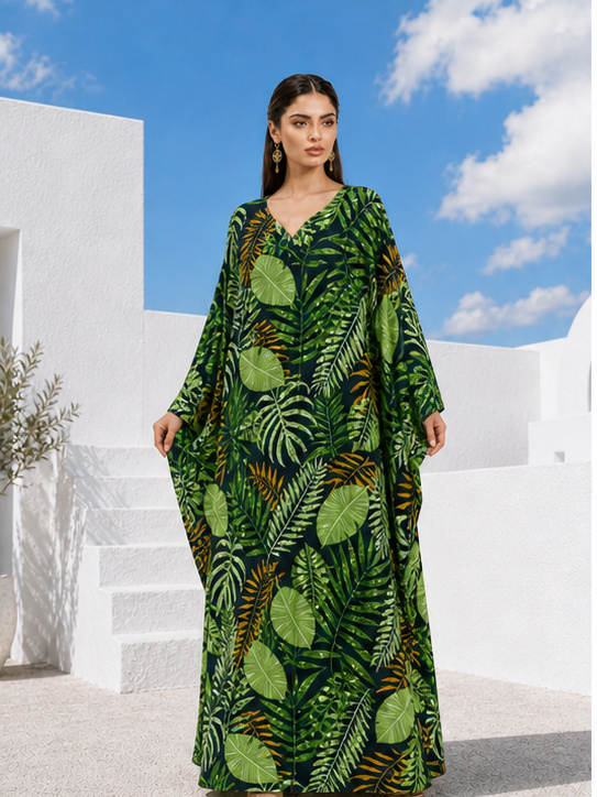 Emerald Tropics Kaftan Maxi Dress