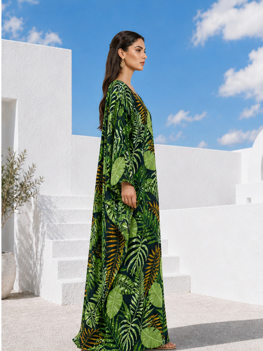 Emerald Tropics Kaftan Maxi Dress